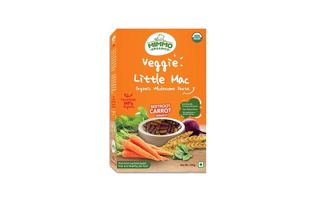 Mimmo Organics Veggi Little Mac Organic Wholesome Pasta Beetroot Carrot Spinach   Pack  250 grams